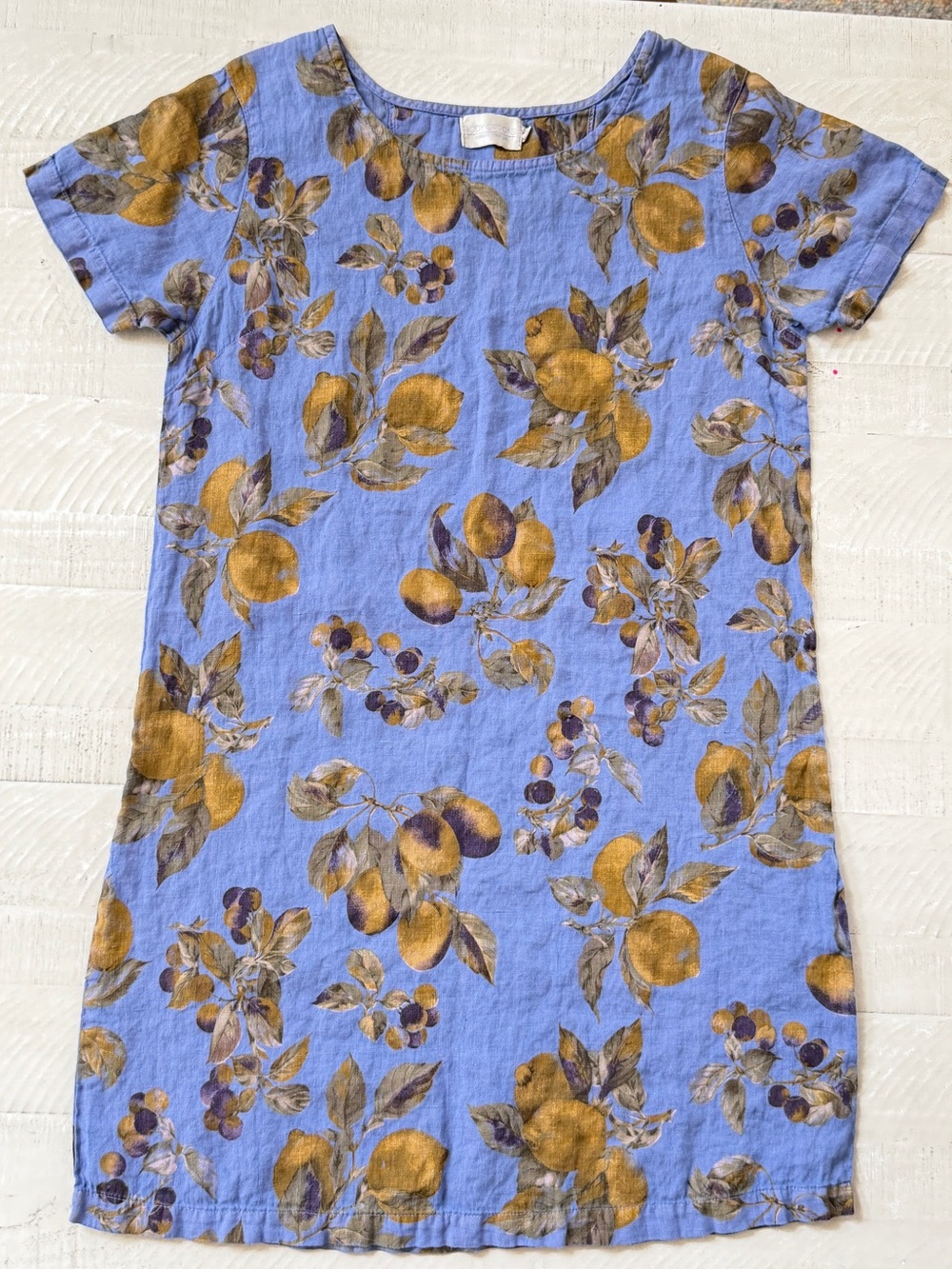 Linen Novelty Blue Floral Lemon Print Tee Dress by Body Options size Medium